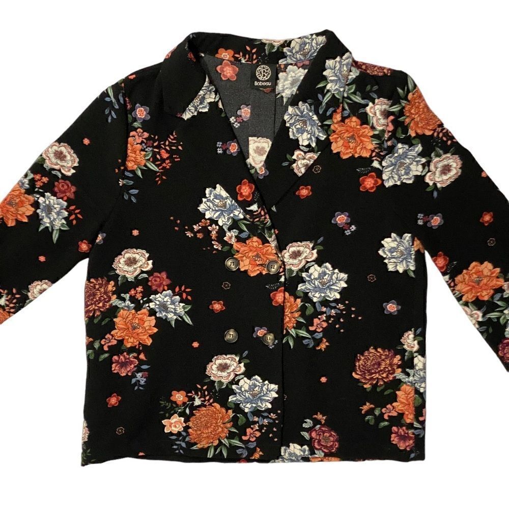 Bobeau Double Breasted Black Floral Blazer Jacket